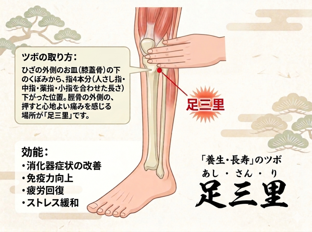 足三里（あしさんり）のツボの位置と効能を示す図