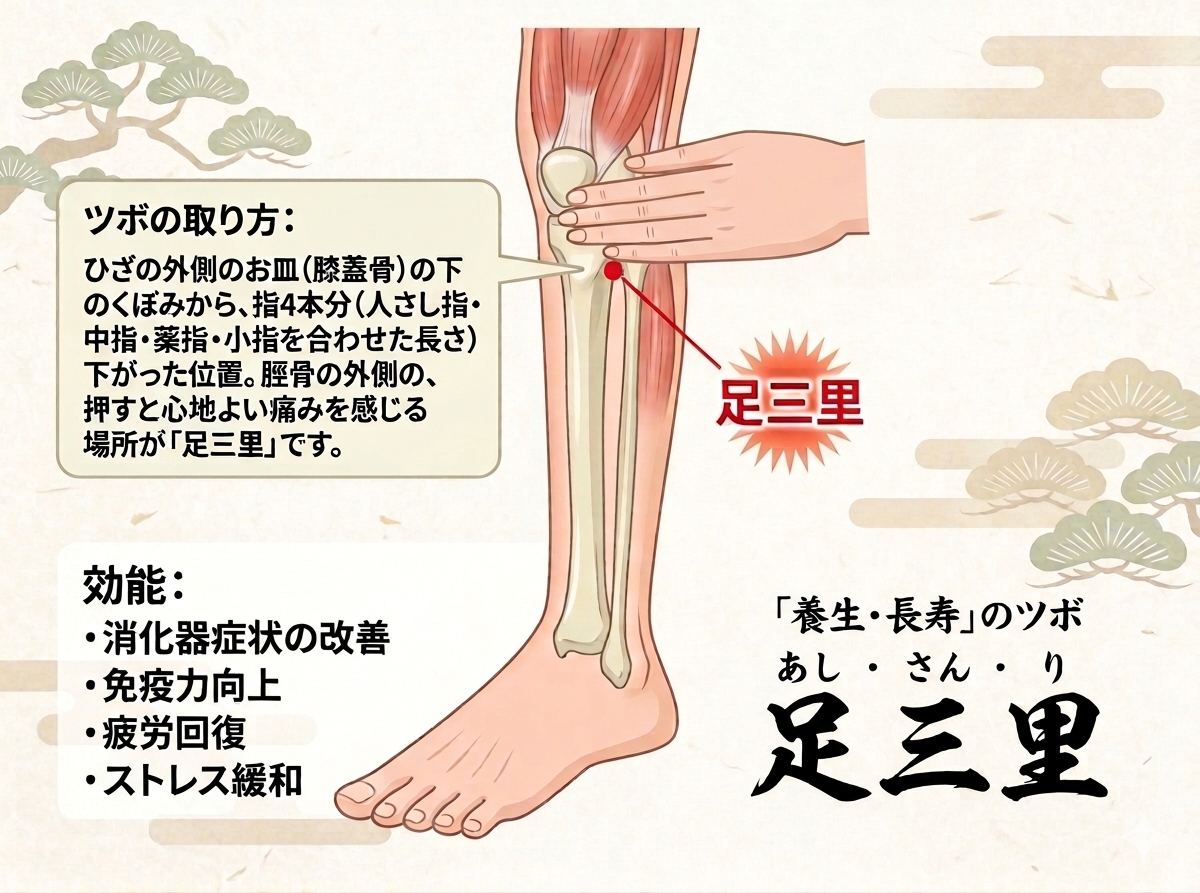 足三里（あしさんり）の位置。膝のお皿の外側の下から、指4本分ほど下にあるくぼみにあるツボ