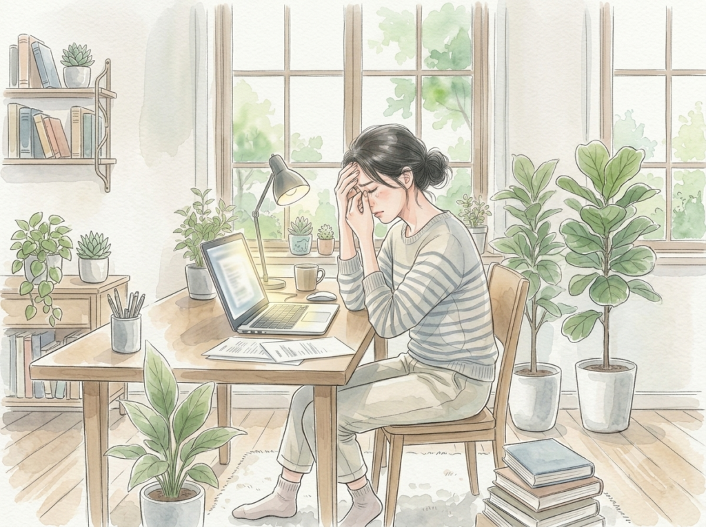 パソコンで目を酷使して疲れている様子のイラスト