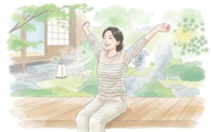 施術後に体が軽くなり伸びをする女性のイラスト