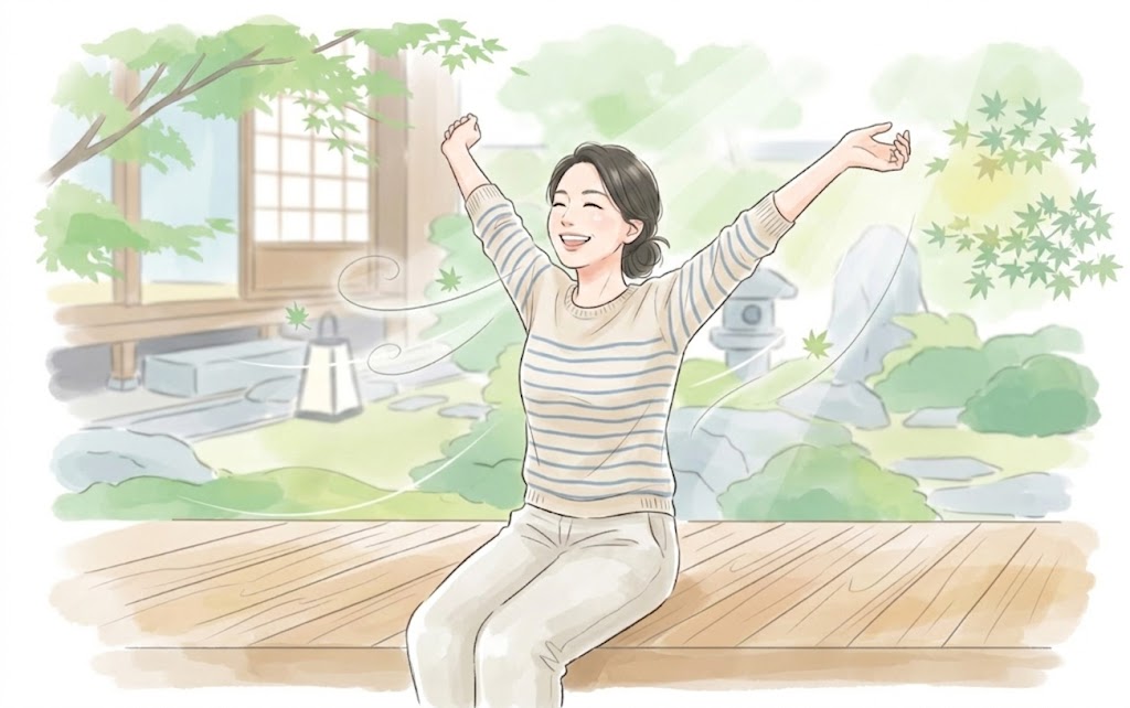 施術後に体が軽くなり伸びをする女性のイラスト