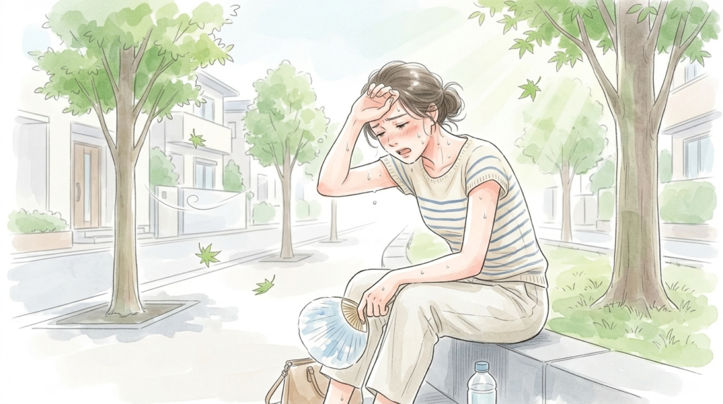 熱中症で体調を崩し、外で頭を抱える女性のイラスト