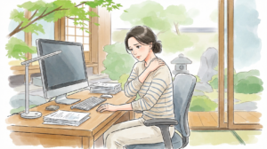デスクワークで肩に手を当て、肩こりに悩む女性のイラスト