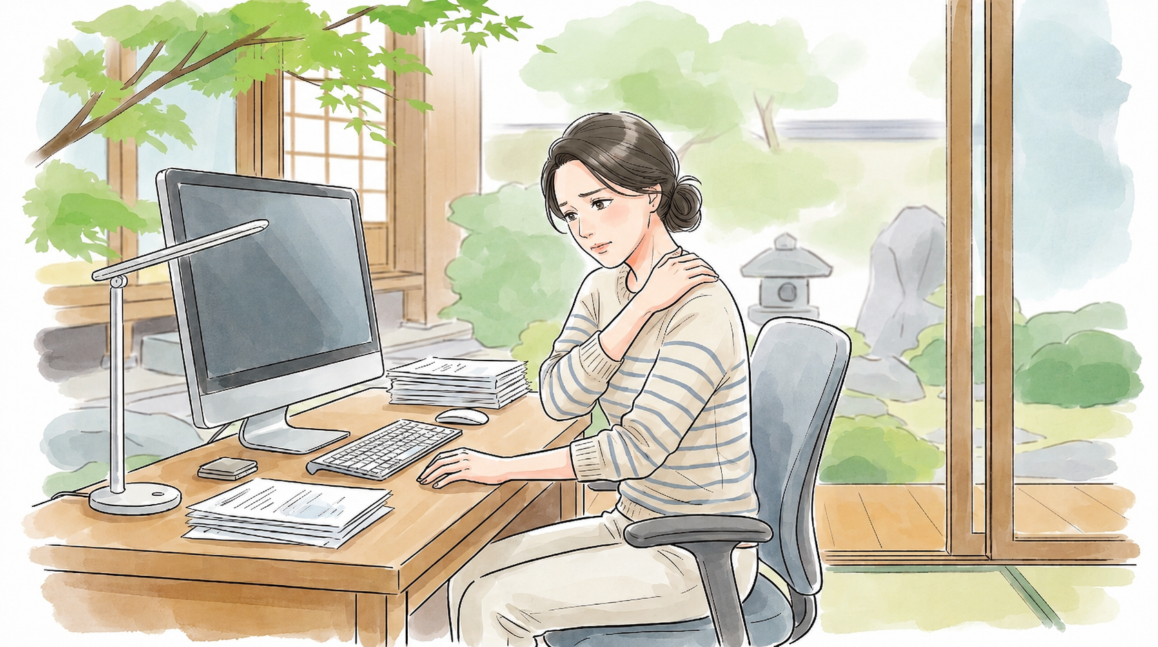 デスクワークで肩に手を当て、肩こりに悩む女性のイラスト