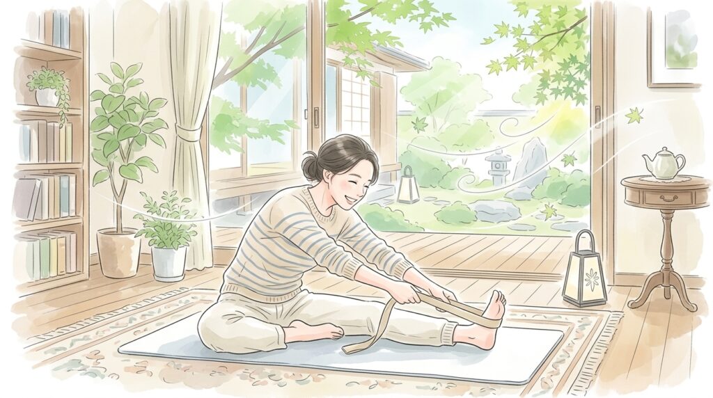 和室で女性がタオルを使って足の裏を伸ばすストレッチをしているイラスト
