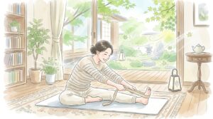 和室で女性がタオルを使って足の裏を伸ばすストレッチをしているイラスト