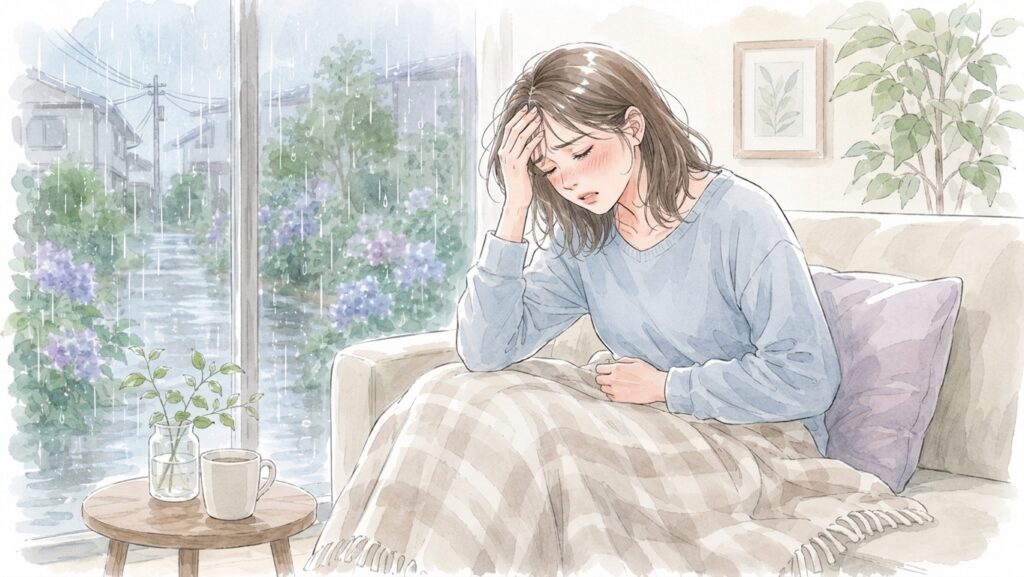 雨の日にソファで頭を抱え、体調不良を感じている女性のイラスト