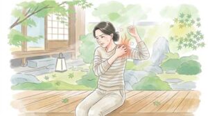 肩に痛みを感じ手を当てる四十肩・五十肩の女性のイラスト