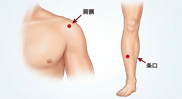 肩髃(けんぐう)と条口(じょうこう)のツボの位置