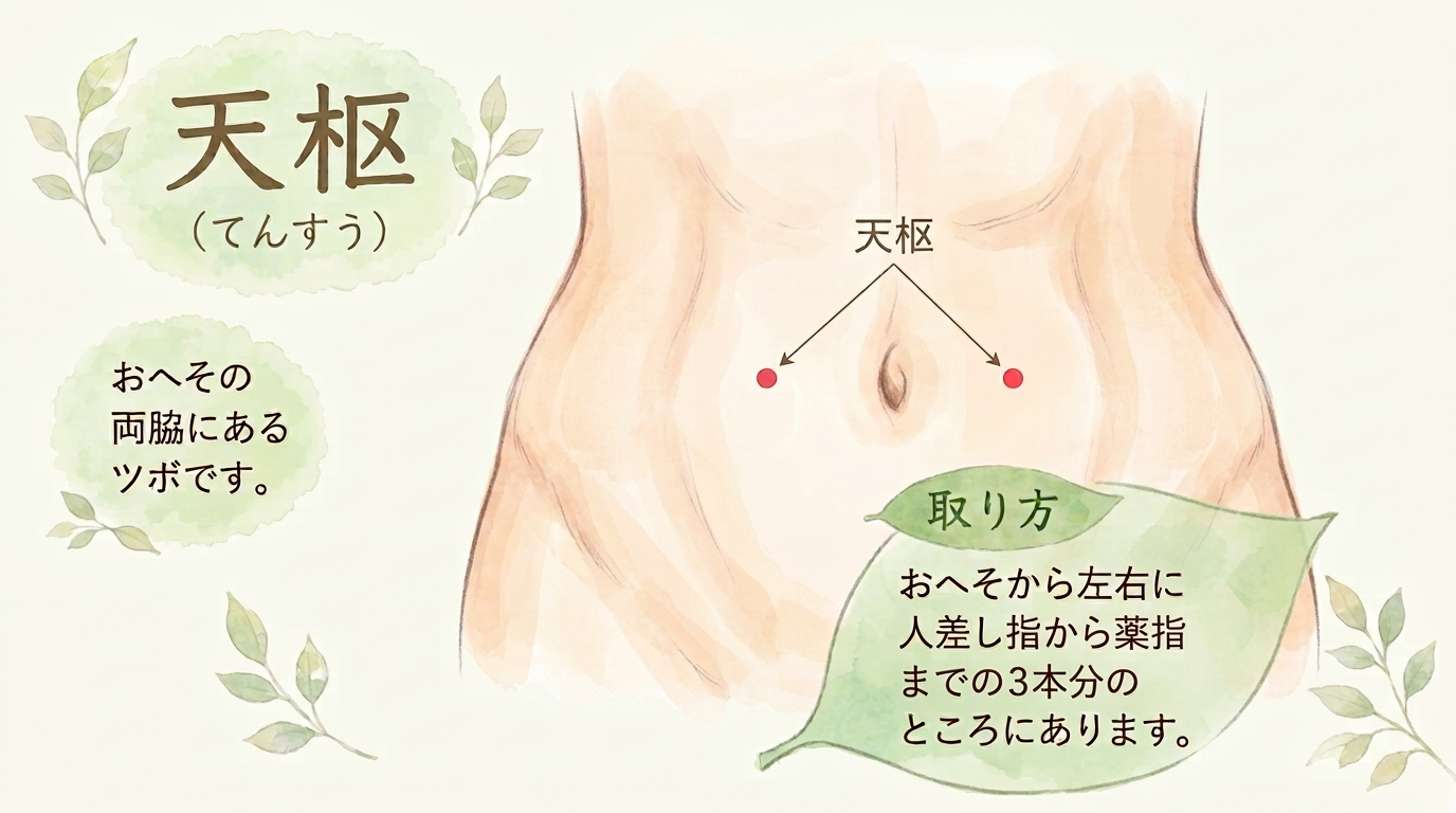 天枢（てんすう）のツボの位置を示すイラスト。おへその左右、人差し指から薬指までの3本分外側にある